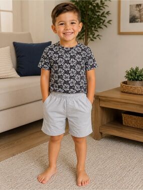 Kids Floral Tee & Light Gray Shorts Matching Set